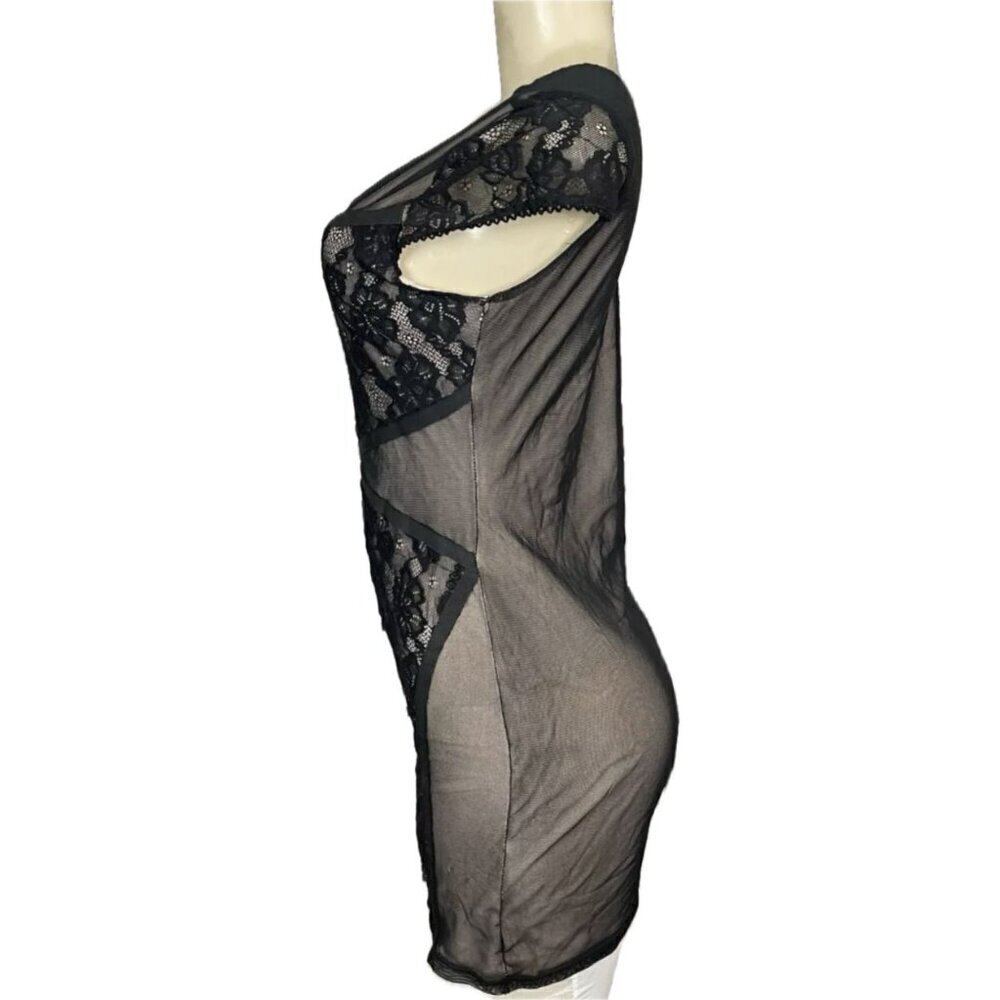 Umgee M Juniors Black Floral Lace Sheer Mesh Lined Accent Cap Sleeve Mini Dress - Picture 5 of 6
